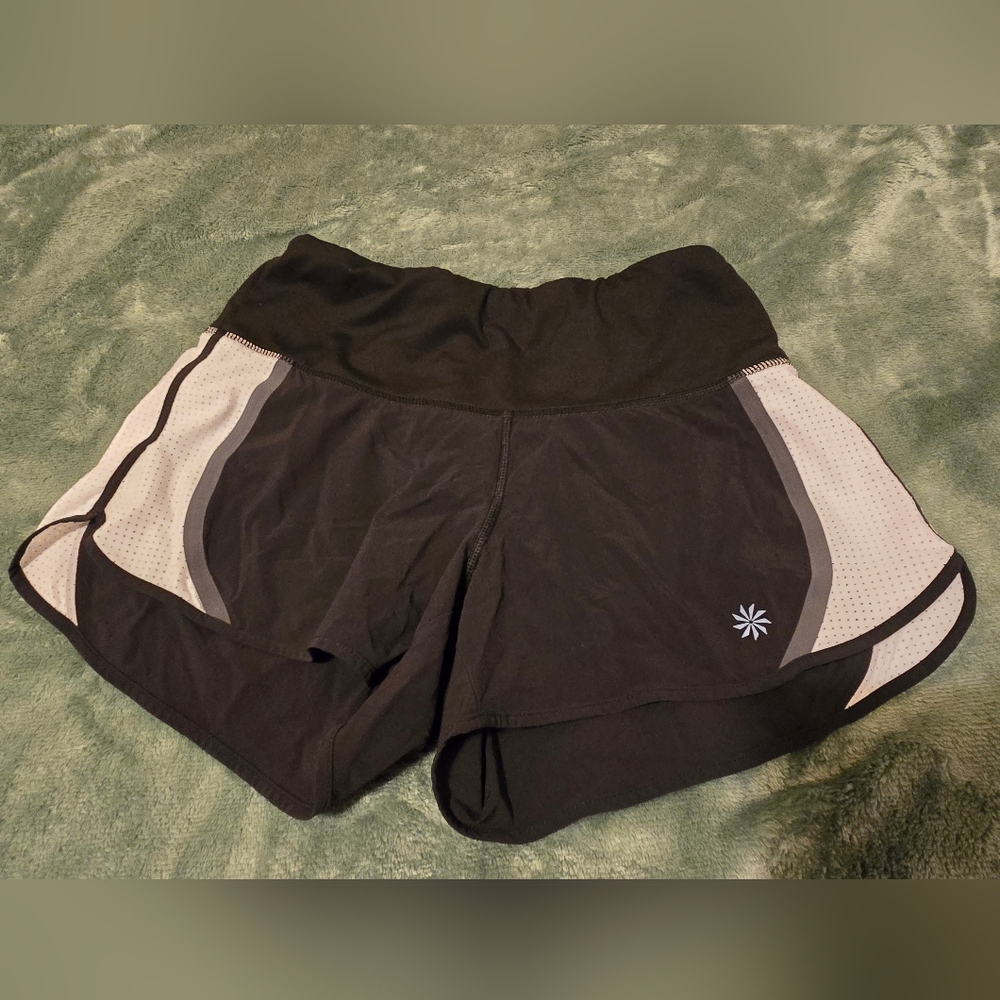 Athleta Race Runner Black Athletic Shorts with Light Gray White Panels Womem Xxs